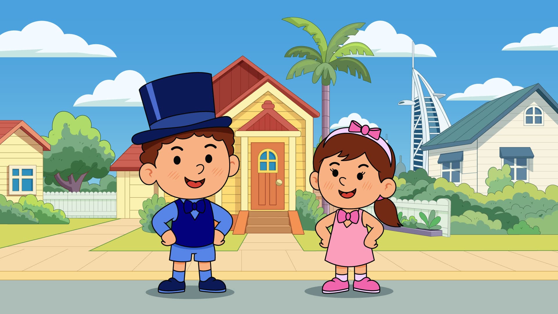 Stampkids cartoon school world with two child mascots